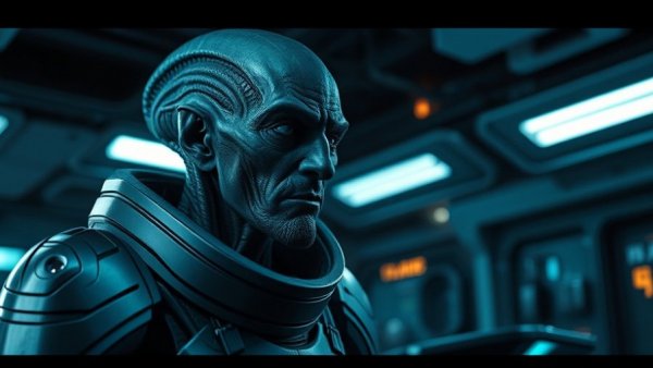 Futuristic alien character conversing in a sci-fi setting, Mass Effect TV show.