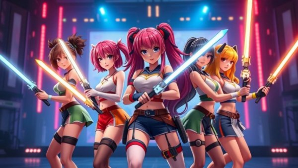 KPop Demon Hunters performance scene with animated characters and bright weapons.