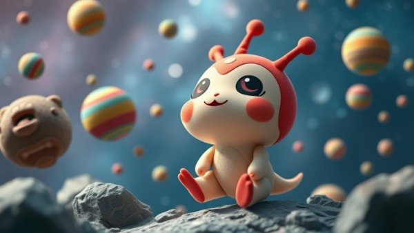 Whimsical creature in a cosmic space setting with planets, Petit Planet family-friendly gaming.