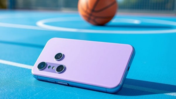 Realme C100 Europe smartphone on blue court with basketball.