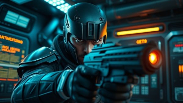 Futuristic warrior in high-tech setting related to Saros misinformation campaign.