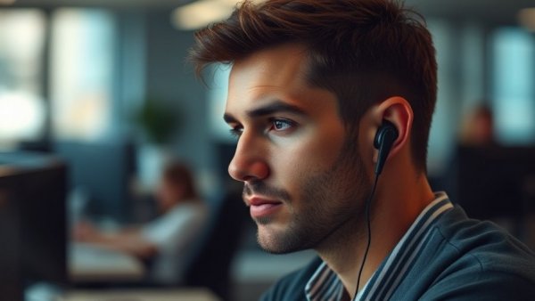 Thoughtful man listening to earbuds in office setting.