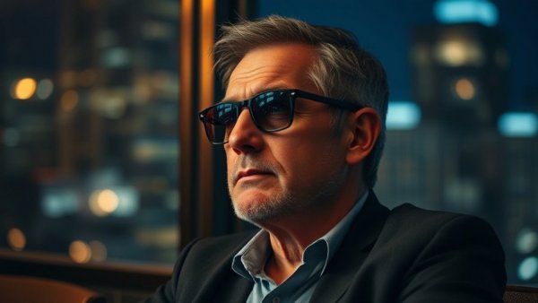 Thoughtful man with sunglasses at night indoors, cityscape visible.
