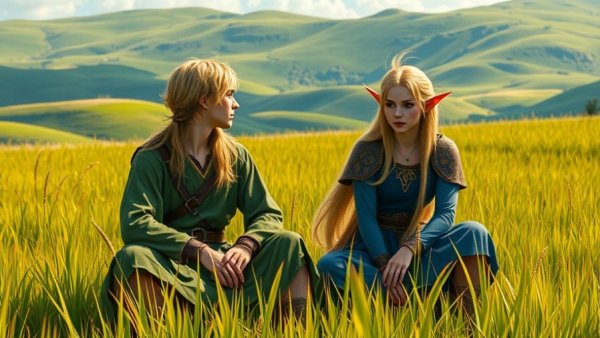 Fantasy characters in medieval attire in a lush green landscape.