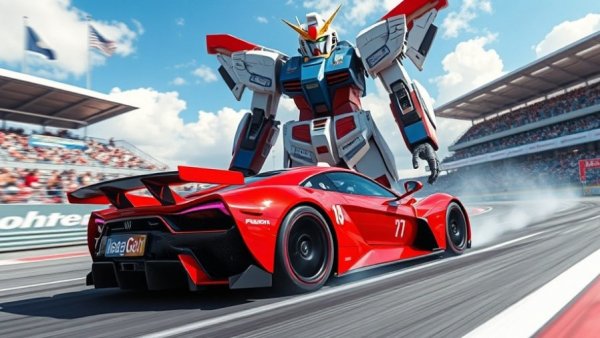 Forza Horizon 6 Gundam Racing scene with car and robot.