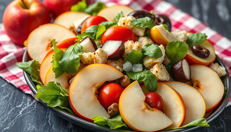 Healthy pear salad with apples and greens in a bowl on dark table.