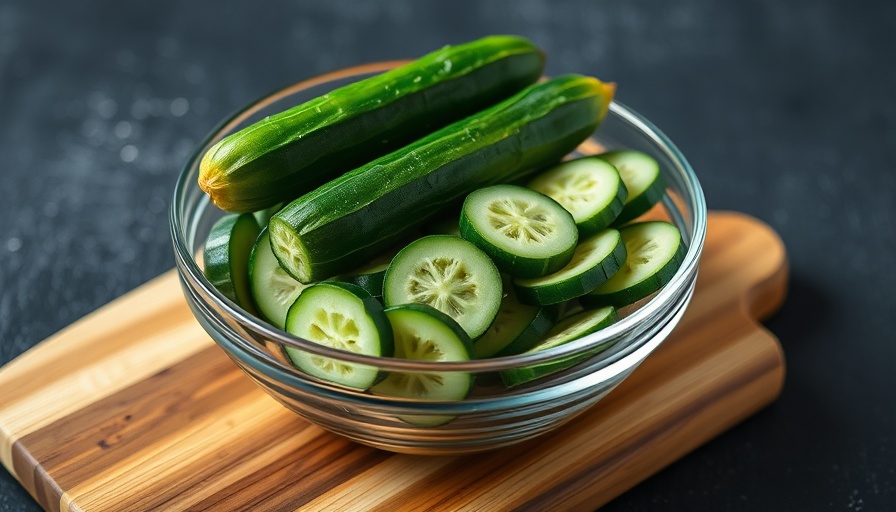 Vibrant sliced cucumbers highlighting health benefits, on a cutting board.