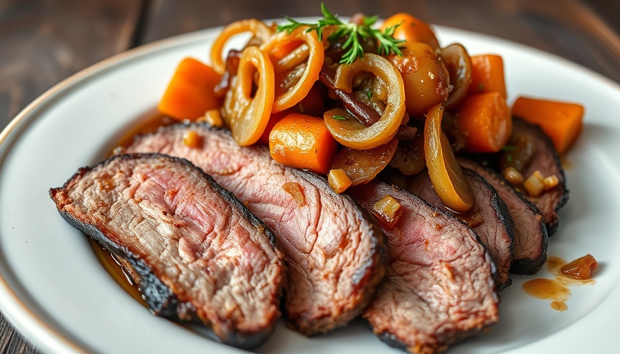 Jewish brisket recipe with carrots and onions, served on a plate.
