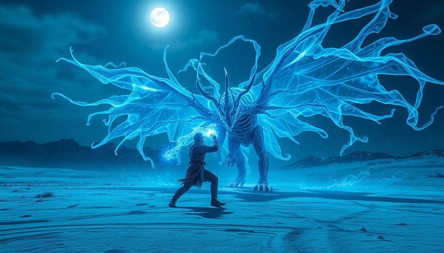 Ethereal battle scene with spectral creature against warrior under night sky.
