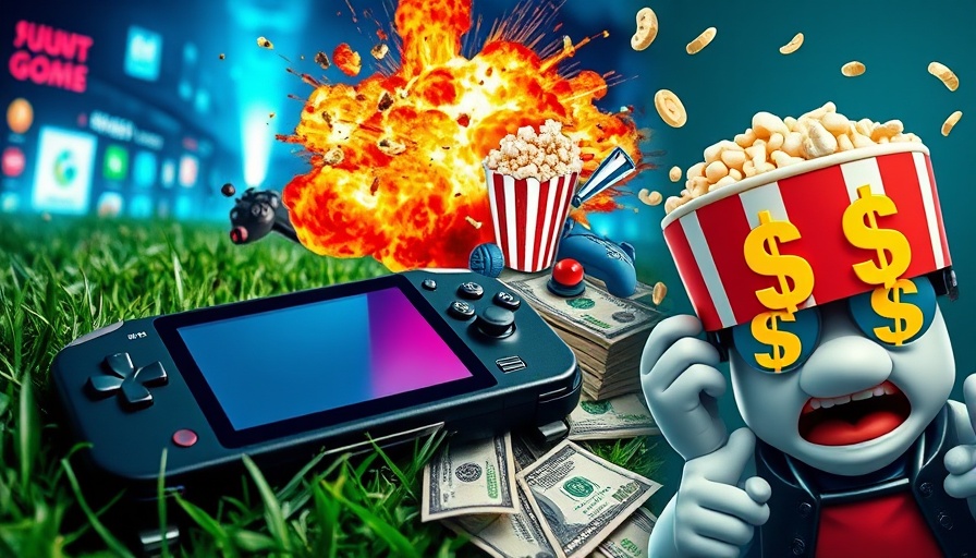 Vibrant collage featuring gaming console, explosion, popcorn bucket character, and pop culture icons.