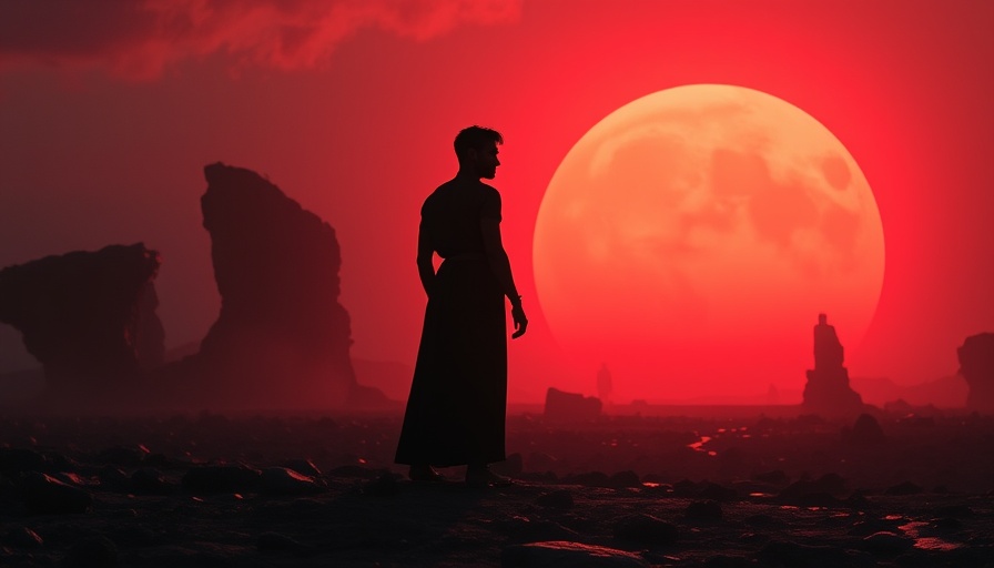 Death Stranding lore guide: Figure in alien landscape under red sun.