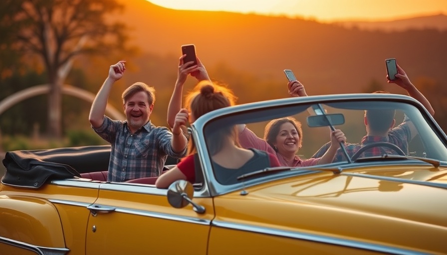 Realme 15 and 15 Pro smartphone launch celebration image with a vintage yellow car and sunset.