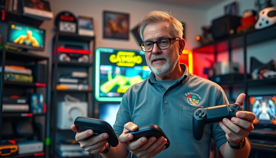 YouTuber holding gaming devices in colorful room, discussing reviews.