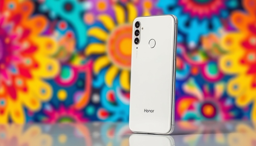 Honor Magic V5 Romania launch phone with colorful abstract background.