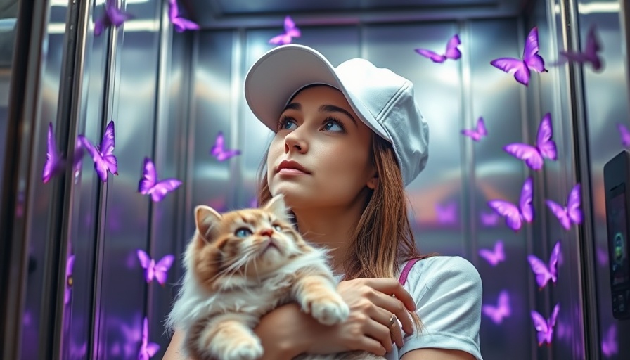 inZOI first DLC reveal: Woman with cat in an elevator amidst glowing butterflies.