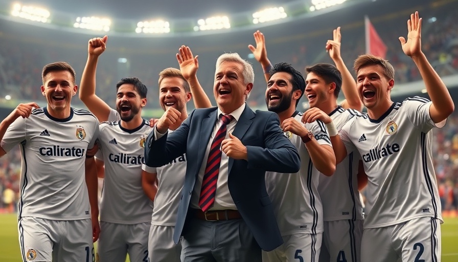 Manager and players celebrate in EA Sports FC 26 stadium scene.