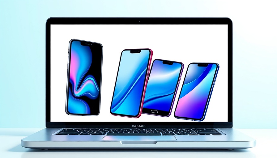 Futuristic smartphone designs on laptop screen illustration.