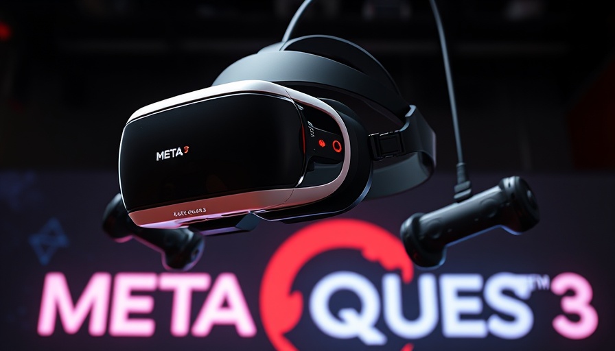 Meta Quest 3 VR headset and controllers with game logo, dark background.