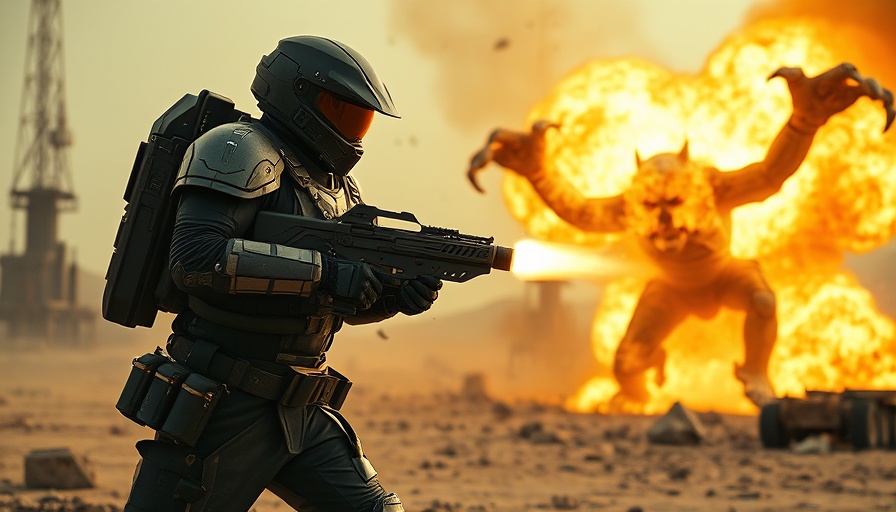 Futuristic soldier in action during a dramatic battle in a desert.