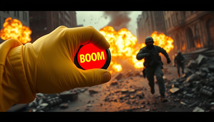 Battlefield 6 big red button scene with explosion and soldier.