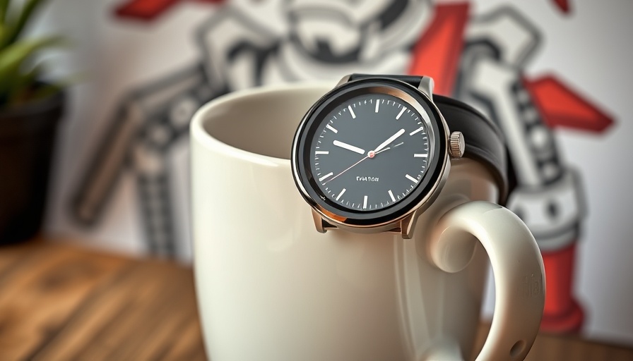 One UI 8 Watch beta program, sleek smartwatch on a mug.