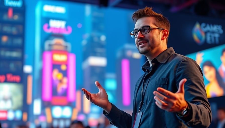 Presenter at Xbox Tokyo Game Show 2025 with neon background.