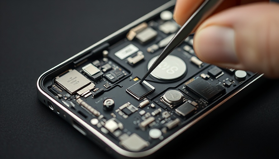 Detailed iPhone Air teardown with tweezers and components.