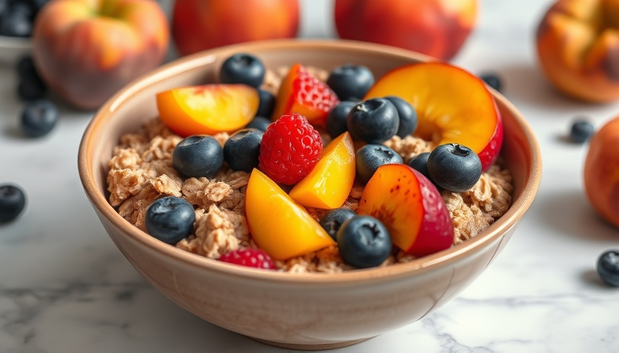 Delicious fruity baked oatmeal with blueberries and peach on marble surface.