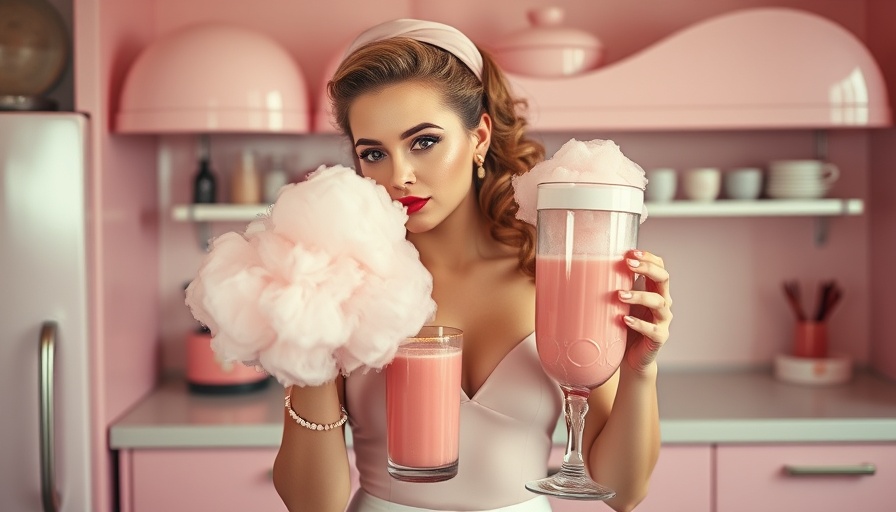 Glamorous woman in vintage kitchen holding cotton candy and using a blender.