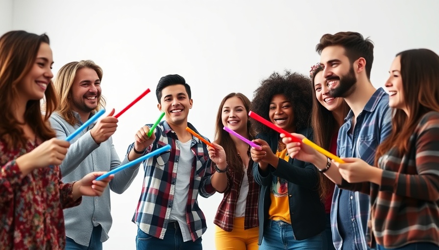 Chad Powers cast having fun with colorful sticks.