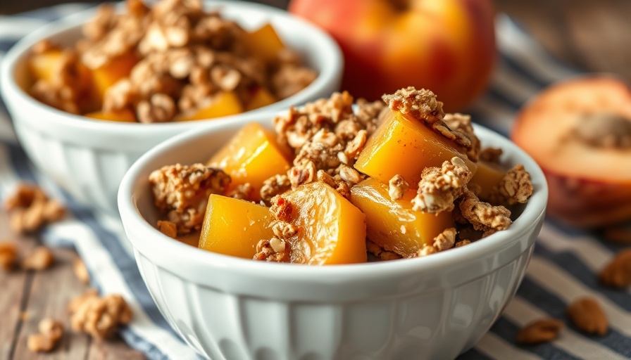 Peach crisp recipe with oat topping in white bowls.