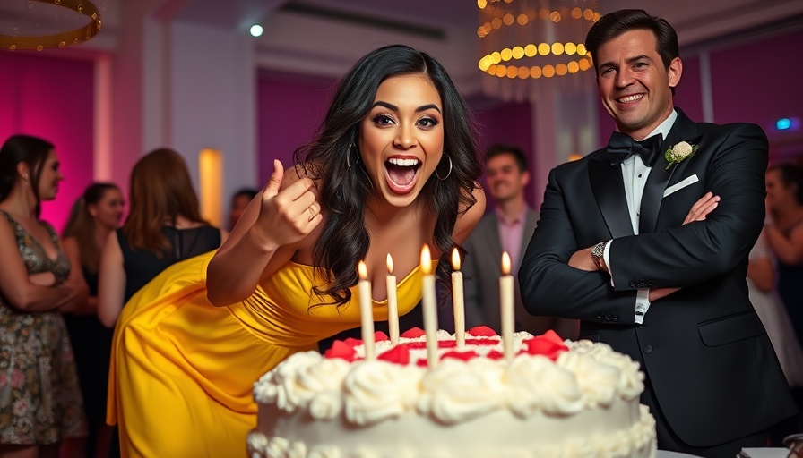 Young woman celebrating with cake and man in tuxedo, celebrity news