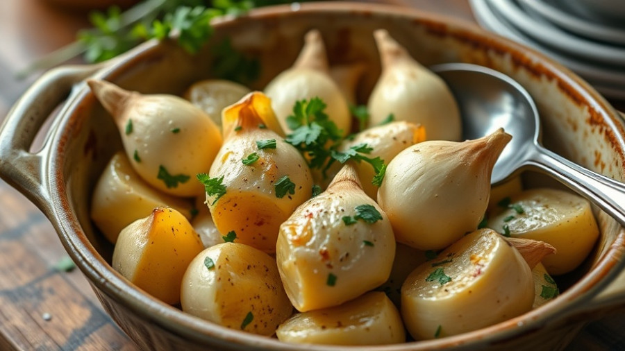 Roasted turnips garnished with herbs in a ceramic dish, how to cook turnips