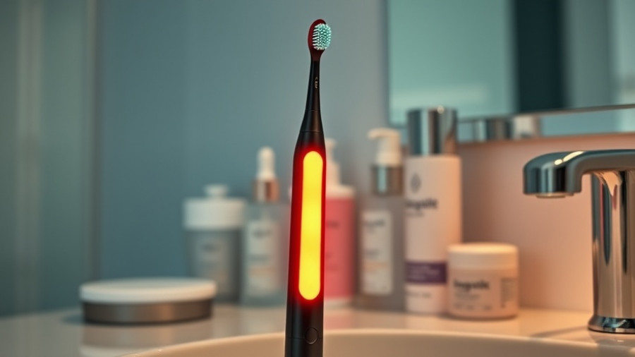Red light therapy toothbrush glowing on bathroom counter.