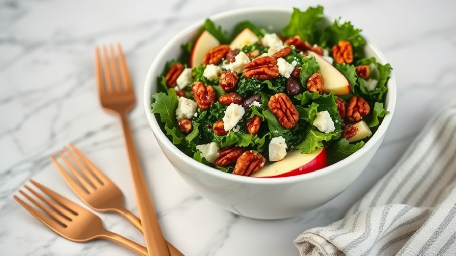 Massaged kale salad with apples, feta, and pecans on marble surface.
