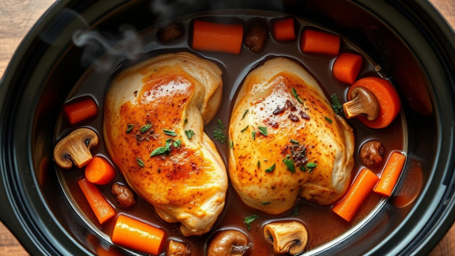 Healthy coq au vin with herbs and vegetables in a slow cooker