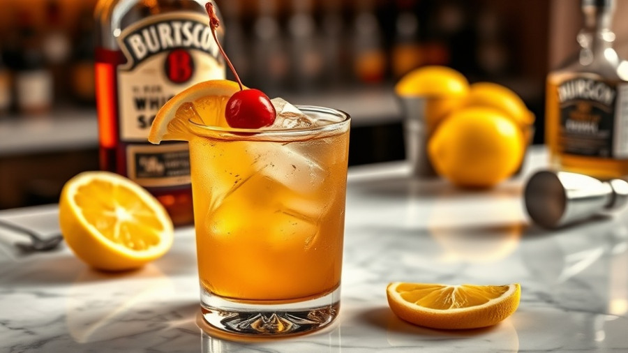 Vibrant whiskey sour cocktail recipe with cherry garnish on marble