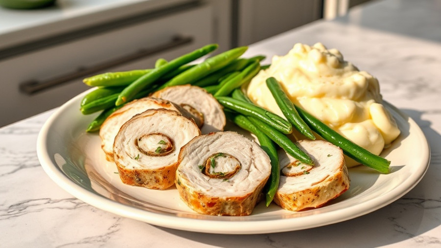 Healthy stuffed turkey tenderloin recipe on a plate with vegetables.