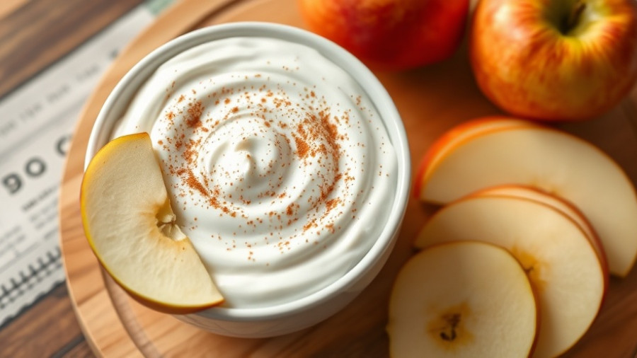 Healthy yogurt fruit dip with apple slices in cozy kitchen.