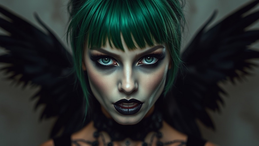 Gothic Halloween makeup idea with green hair and black wings.
