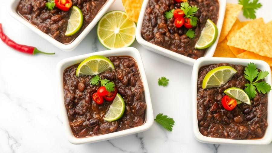 High protein black bean dip topped with cheese, garnished with lime and cilantro, served with tortilla chips.