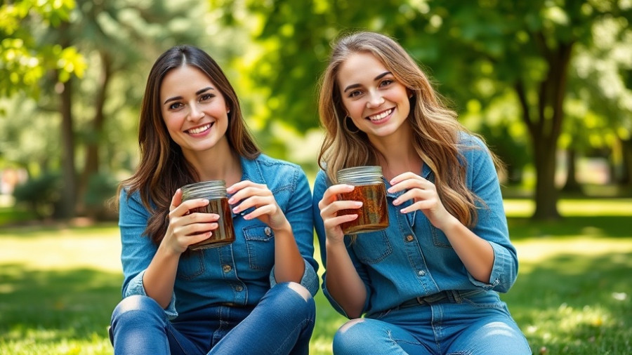 Two women in denim, holding jars outdoors in sunlight.