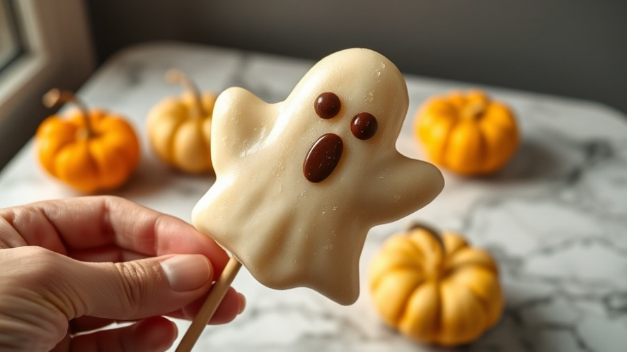 Frozen Chocolate Banana Ghost Pops with pumpkins in the background.