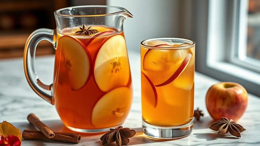 Apple cider sangria with fresh apple pieces and cinnamon sticks.