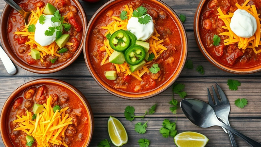 Family-friendly chili recipes with toppings like avocado, cheese.