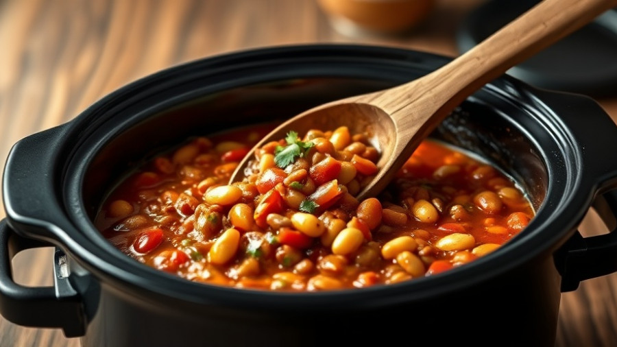 Healthy slow cooker chili with wooden spoon in a crockpot.
