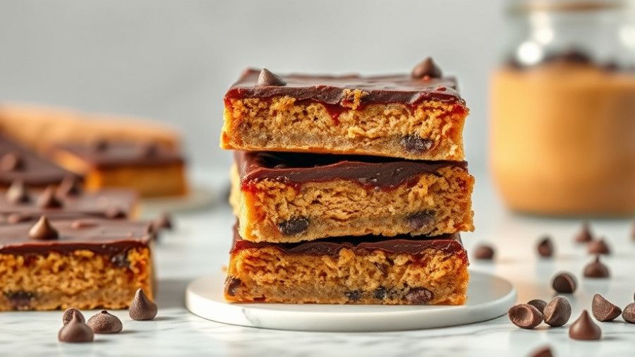Stack of no-bake peanut butter bars with chocolate top on marble surface