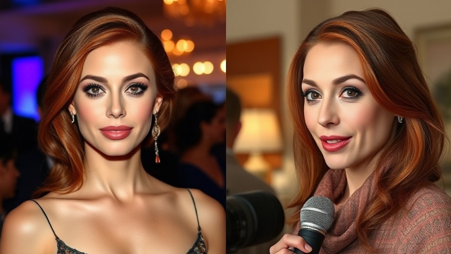 Celebrity gossip: woman at event and speaking casually in split image.
