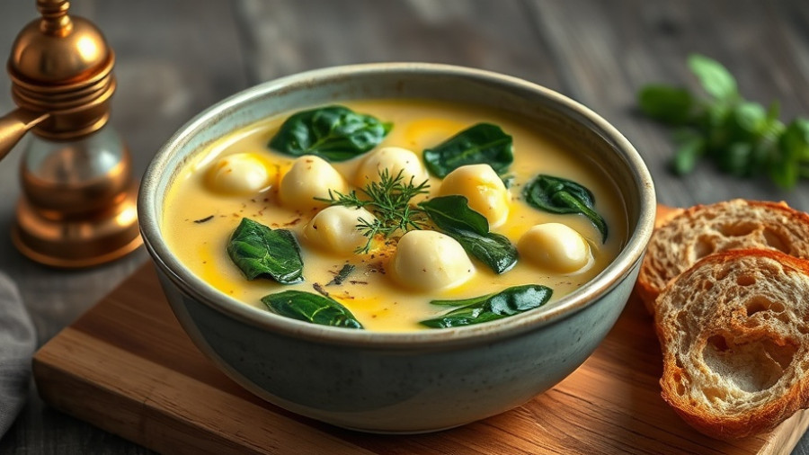 Creamy gnocchi soup garnished with spinach and herbs in a bowl.