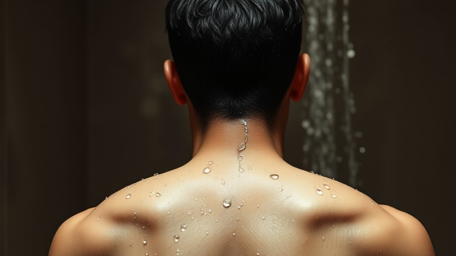 Morning rituals for energy: person showering with water droplets on skin.